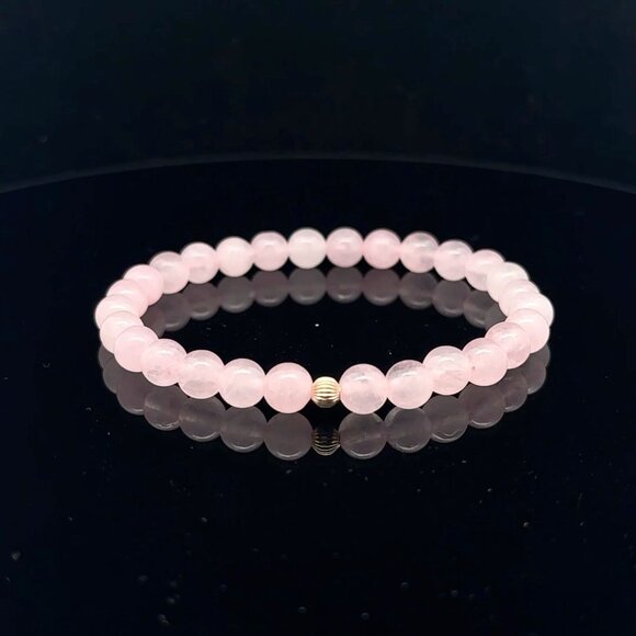 Gemstones Rose Quartz 6mm Stretchable Bracelet 14k Gold Corrugated Bead Charm - Picture 1 of 6